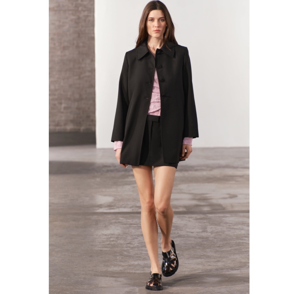 Zara Wool Blend Frock Coat Jacket Lapel collar ZW Collection Black size S NWT